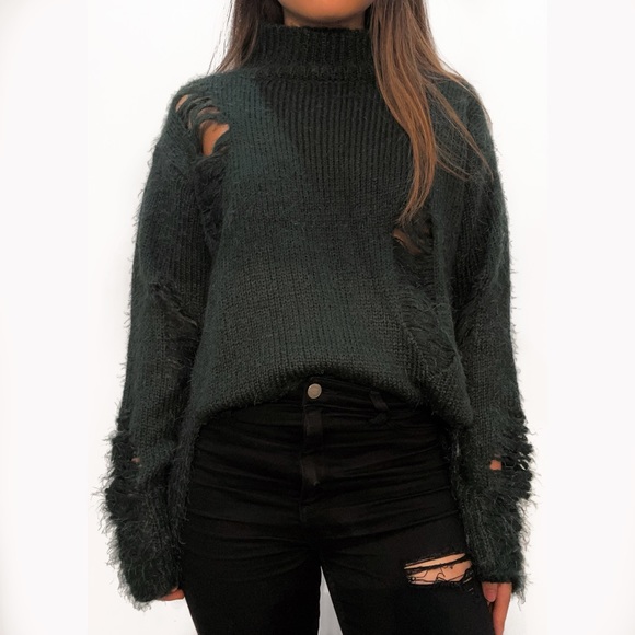 Lush Oversized Distressed Sweater - S / Dark Green - Picture 2 of 5
